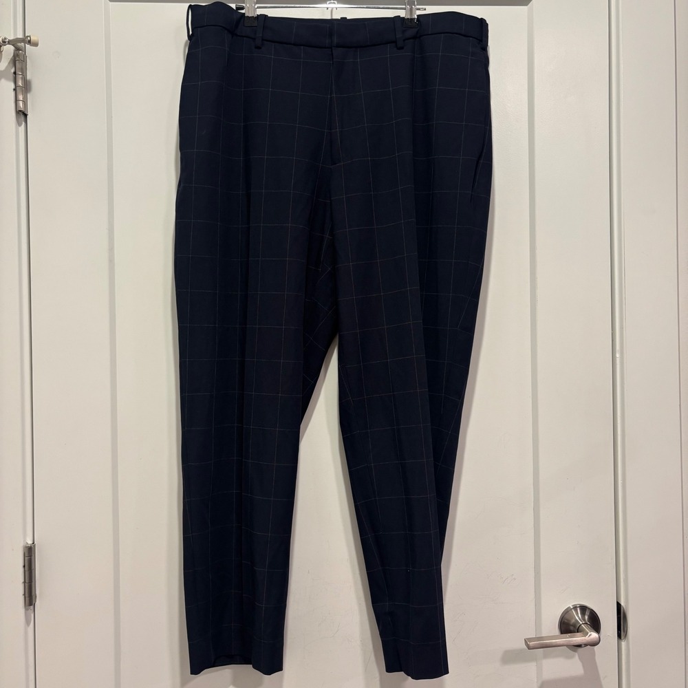 Uniqlo Mens Smart Ankle Pants XL Navy Blue Windowpane Plaid 321-455842 Trousers